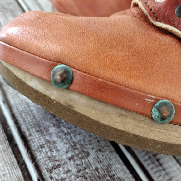 Dr. Scholl's | RARE Vintage Orange-Red Leather Studded Wooden Clogs Cotton Braid - Picture 10 of 16